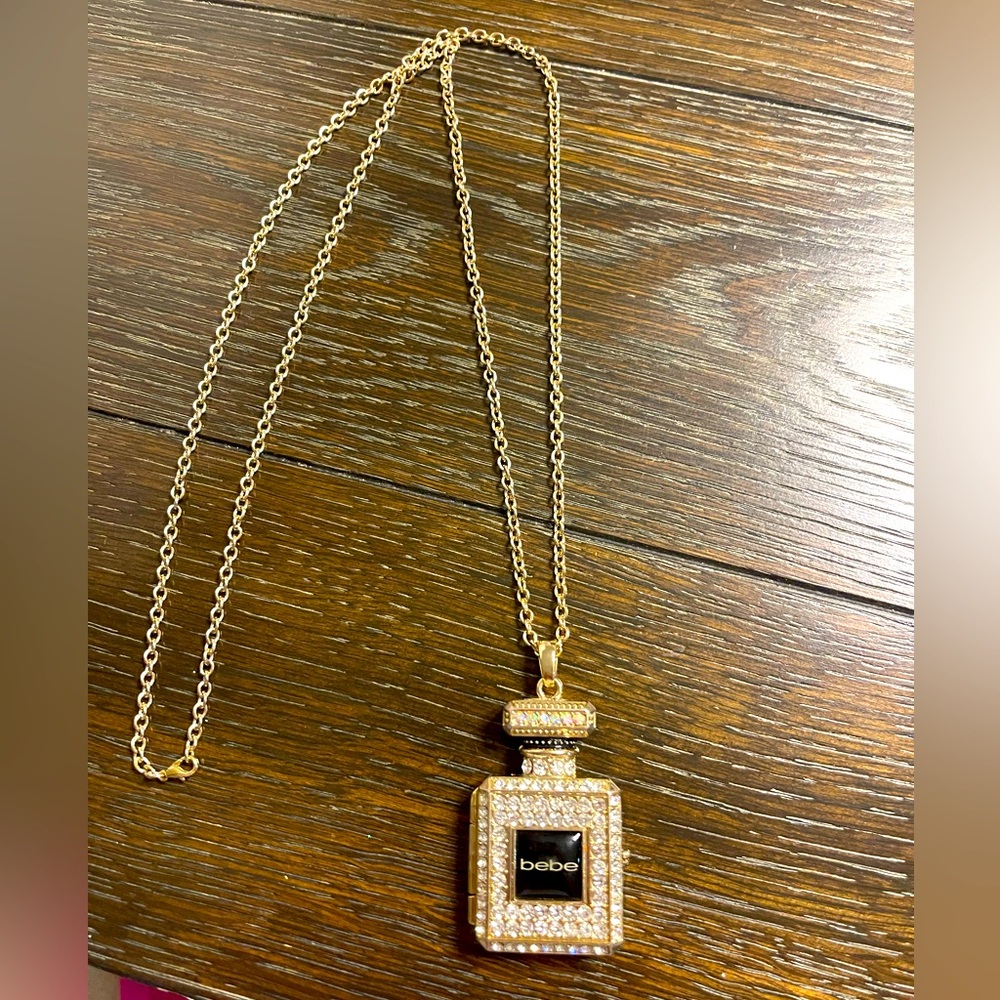 Bebe Perfume Bottle Pendant Necklace Watch - Gold and Rhinestones